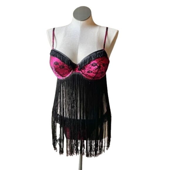 Victoria’s Secret 90’s Y2K Pink & Black Fringe Bra and Thong Panty Set M/L